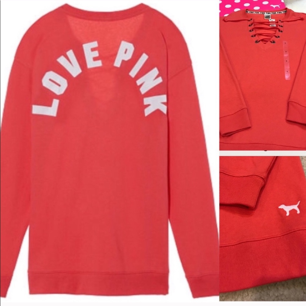 NWT Pink VS lace up pullover with logo on back Sm